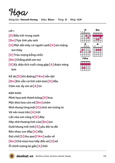 Hợp âm Họa (Hannah Hoang) – bản nhạc PDF trang 1, tông D