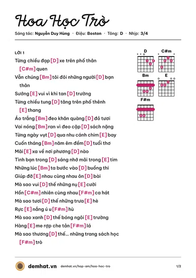 Hợp âm Hoa Học Trò (M4U Band) – bản nhạc PDF trang 1, tông D