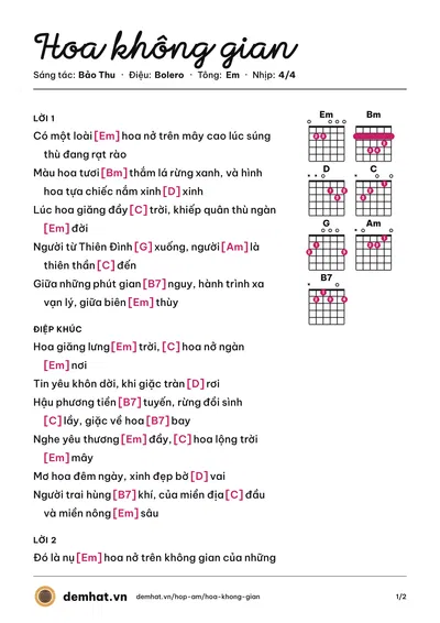Hợp âm Hoa không gian (Bảo Thu) – bản nhạc PDF trang 1, tông Em