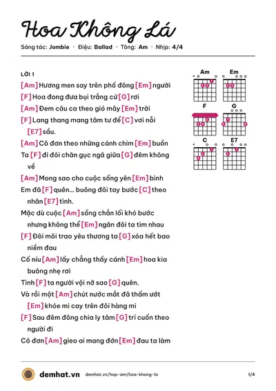 Hợp âm Hoa Không Lá (Jombie) – bản nhạc PDF trang 1, tông Am