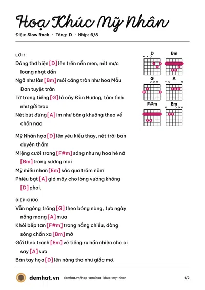 Hợp âm Hoạ Khúc Mỹ Nhân (Hiền Thục) – bản nhạc PDF trang 1, tông D