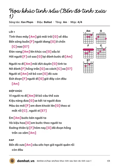 Hợp âm Họa khúc tình sầu (Bến đò tình xưa 1) (Ken Phạm) – bản nhạc PDF trang 1, tông Am