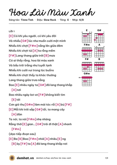 Hợp âm Hoa Lài Màu Xanh (Tinna Tình) – bản nhạc PDF trang 1, tông E