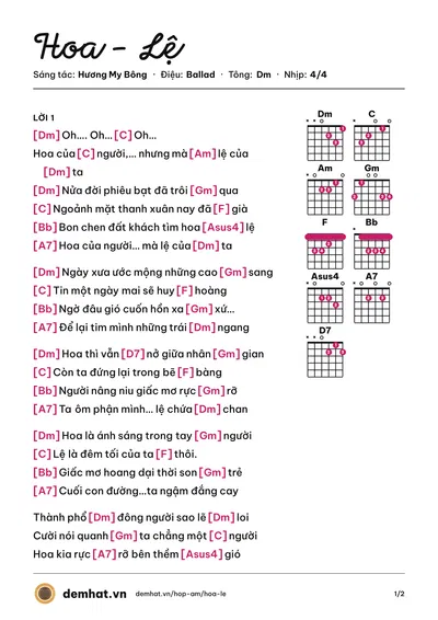 Hợp âm Hoa - Lệ (Hương My Bông) – bản nhạc PDF trang 1, tông Dm