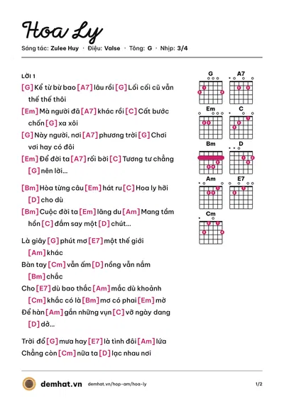 Hợp âm Hoa Ly (Tùng Tun) – bản nhạc PDF trang 1, tông G