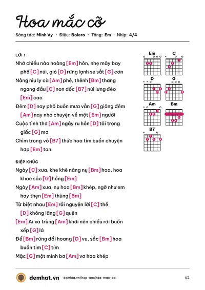 Hợp âm Hoa mắc cỡ (Cao Công Nghĩa) – bản nhạc PDF trang 1, tông Em