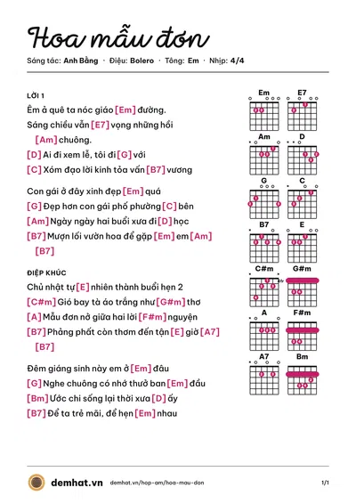 Hợp âm Hoa mẫu đơn (Thúy Hằng) – bản nhạc PDF trang 1, tông Em