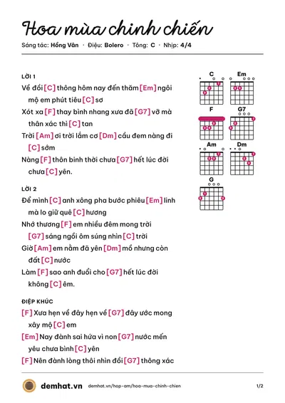 Hợp âm Hoa mùa chinh chiến (Thanh Tuyền (trước 75)) – bản nhạc PDF trang 1, tông C