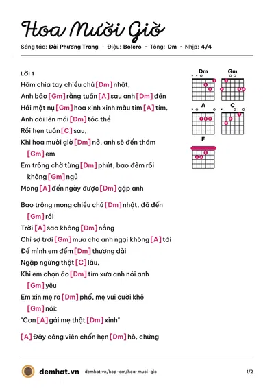 Hợp âm Hoa Mười Giờ (Tuấn Vũ) – bản nhạc PDF trang 1, tông Dm