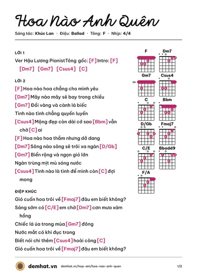 Hợp âm Hoa Nào Anh Quên (Tô Chấn Phong) – bản nhạc PDF trang 1, tông F
