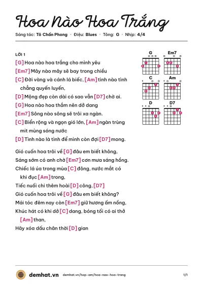 Hợp âm Hoa Nào Hoa Trắng (Lân Nhã) – bản nhạc PDF trang 1, tông G