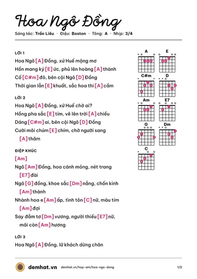 Hợp âm Hoa Ngô Đồng (Anh Kim) – bản nhạc PDF trang 1, tông A