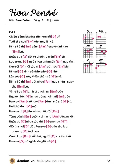 Hợp âm Hoa Pensé (Quân Keyboard) – bản nhạc PDF trang 1, tông G