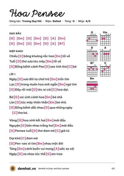 Hợp âm Hoa Pensee (Huyền Diệu Thu) – bản nhạc PDF trang 1, tông G