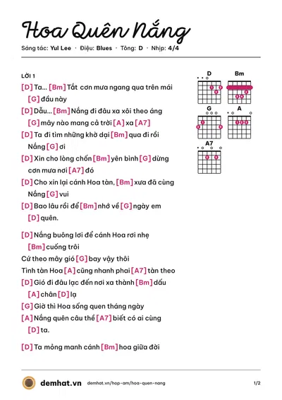 Hợp âm Hoa Quên Nắng (Yul Lee) – bản nhạc PDF trang 1, tông D