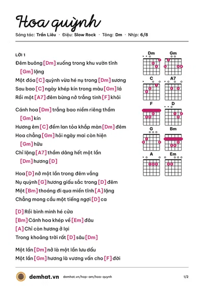 Hợp âm Hoa quỳnh (Trần Liêu) – bản nhạc PDF trang 1, tông Dm