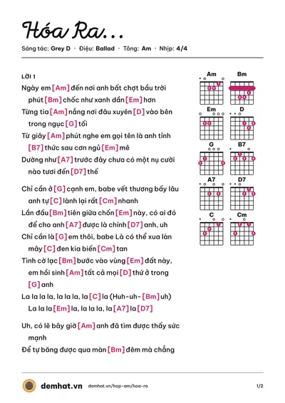 Hợp âm Hóa Ra... (Grey D) – bản nhạc PDF trang 1, tông Am
