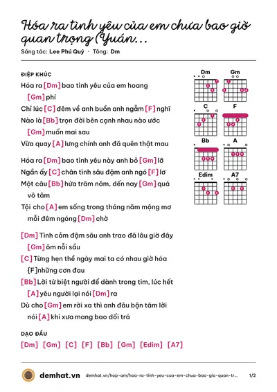 Hợp âm Hóa ra tình yêu của em chưa bao giờ quan trọng (Yuán lái wǒ de ài cóng bù chóng yào – 原來我的愛從不重要 (Hàn Dung) – bản nhạc PDF trang 1, tông Dm