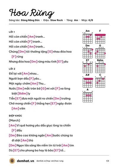 Hợp âm Hoa Rừng (Đàng Năng Đức) – bản nhạc PDF trang 1, tông Am