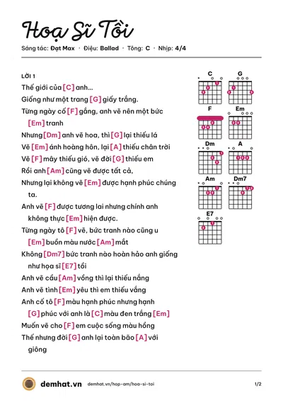 Hợp âm Hoạ Sĩ Tồi (Thái Học) – bản nhạc PDF trang 1, tông C