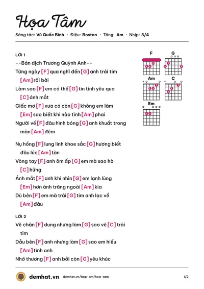 Hợp âm Họa Tâm (Trương Quỳnh Anh) – bản nhạc PDF trang 1, tông Am