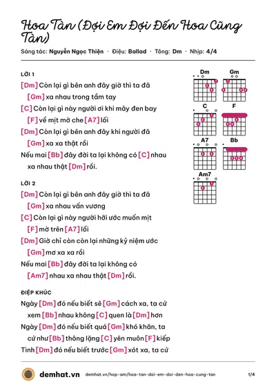 Hợp âm Hoa Tàn (Đợi Em Đợi Đến Hoa Cũng Tàn) (Vân Trường) – bản nhạc PDF trang 1, tông Dm