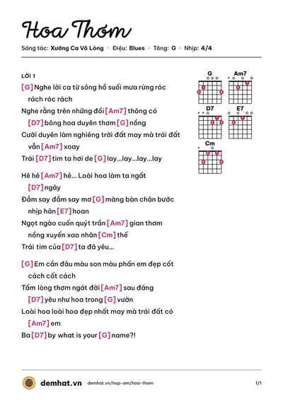 Hợp âm Hoa Thơm (Xướng Ca Vô Lòng) – bản nhạc PDF trang 1, tông G