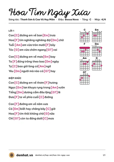 Hợp âm Hoa Tím Ngày Xưa (Cao Thái Sơn) – bản nhạc PDF trang 1, tông C