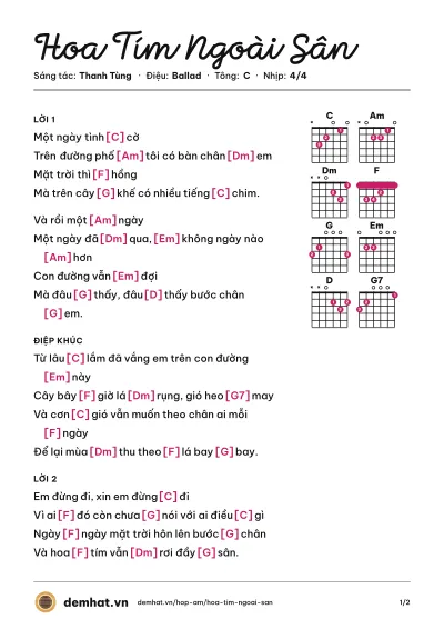Hợp âm Hoa Tím Ngoài Sân (Bằng Kiều) – bản nhạc PDF trang 1, tông C