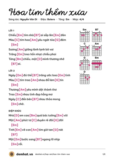 Hợp âm Hoa tím thềm xưa (Tường Văn) – bản nhạc PDF trang 1, tông Em