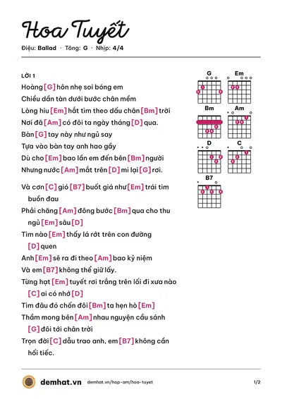 Hợp âm Hoa Tuyết (Hari Won) – bản nhạc PDF trang 1, tông G