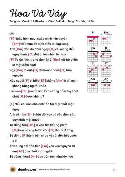 Hợp âm Hoa Và Váy (Quốc Thiên) – bản nhạc PDF trang 1, tông C
