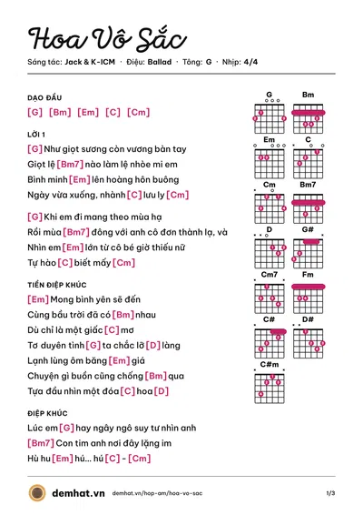 Hợp âm Hoa Vô Sắc (Jack) – bản nhạc PDF trang 1, tông G