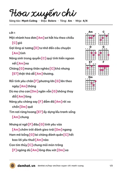 Hợp âm Hoa xuyến chi (Mạnh Cường) – bản nhạc PDF trang 1, tông Am
