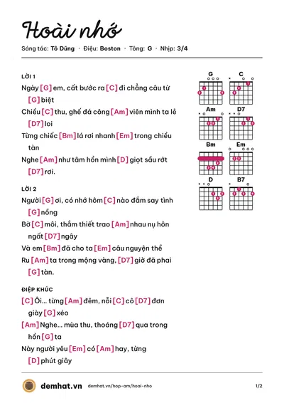 Hợp âm Hoài nhớ (Tô Dũng) – bản nhạc PDF trang 1, tông G