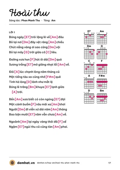 Hợp âm Hoài thu (Phương Thùy) – bản nhạc PDF trang 1, tông Am