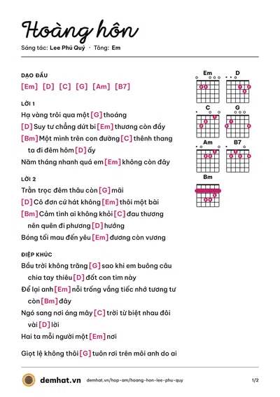 Hợp âm Hoàng hôn (Vân Du) – bản nhạc PDF trang 1, tông Em