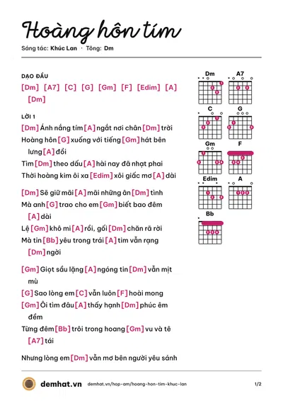 Hợp âm Hoàng hôn tím (Julie) – bản nhạc PDF trang 1, tông Dm