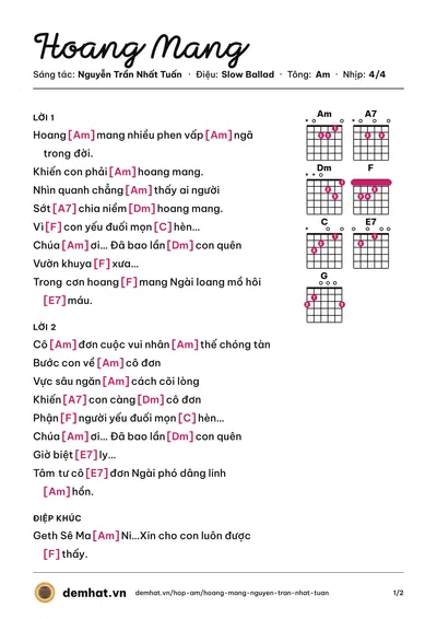 Hợp âm Hoang Mang (Kim Tuyến) – bản nhạc PDF trang 1, tông Am