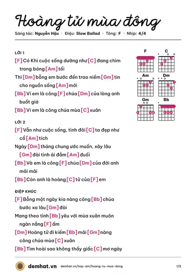 Hợp âm Hoàng tử mùa đông (Nguyễn Hậu) – bản nhạc PDF trang 1, tông F