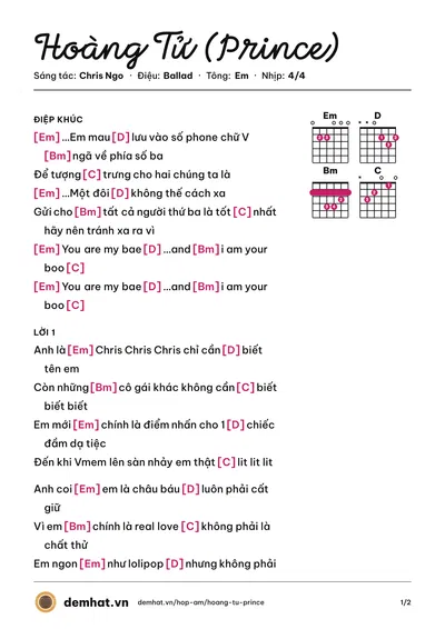 Hợp âm Hoàng Tử (Prince) (Chris Ngo) – bản nhạc PDF trang 1, tông Em