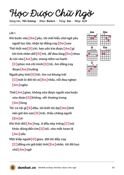 Hợp âm Học Được Chữ Ngờ (Yến Dương) – bản nhạc PDF trang 1, tông Am