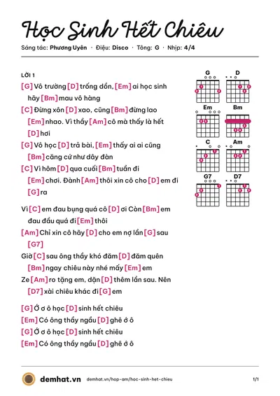Hợp âm Học Sinh Hết Chiêu (Từ Minh Hy) – bản nhạc PDF trang 1, tông G