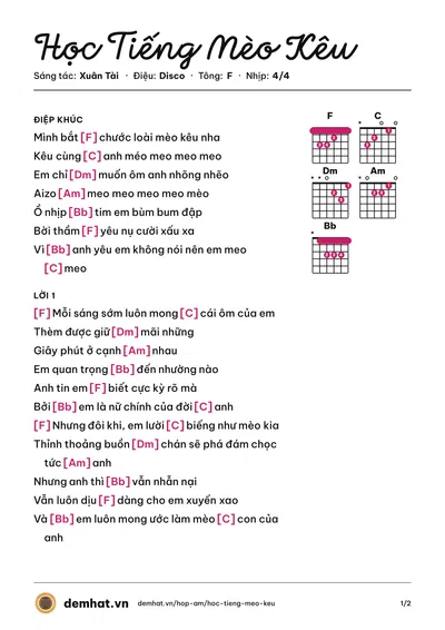 Hợp âm Học Tiếng Mèo Kêu (Xuân Tài) – bản nhạc PDF trang 1, tông F