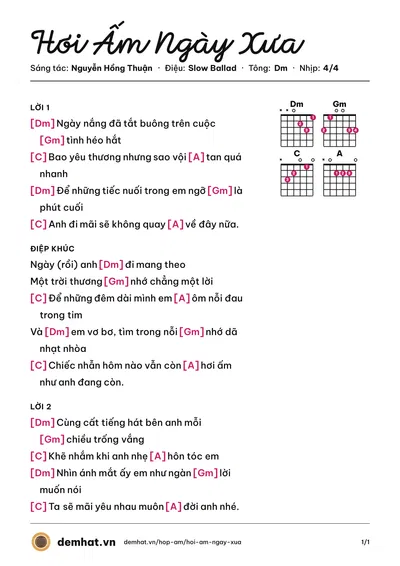 Hợp âm Hơi Ấm Ngày Xưa (Mỹ Tâm) – bản nhạc PDF trang 1, tông Dm
