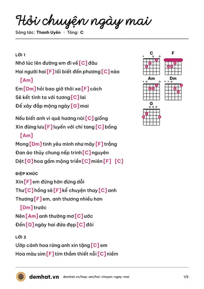Hợp âm Hỏi chuyện ngày mai (Thanh Tuyền) – bản nhạc PDF trang 1, tông C