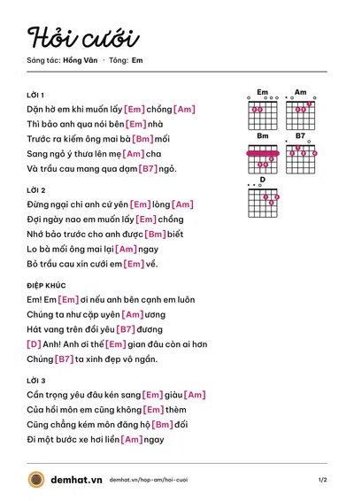 Hợp âm Hỏi cưới (Hồng Vân) – bản nhạc PDF trang 1, tông Em