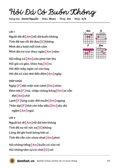 Hợp âm Hỏi Đá Có Buồn Không (Jimmii Nguyễn) – bản nhạc PDF trang 1, tông Am