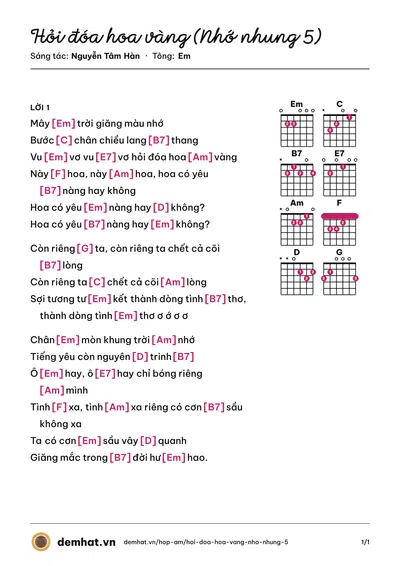 Hợp âm Hỏi đóa hoa vàng (Nhớ nhung 5) (Nguyễn Tâm Hàn) – bản nhạc PDF trang 1, tông Em