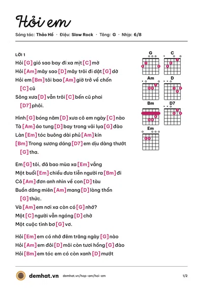 Hợp âm Hỏi em (Thảo Hồ) – bản nhạc PDF trang 1, tông G
